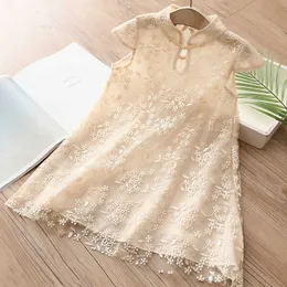 Summer 2 3 4 5 6 7 8 10 Years Crew Neck Chiffon Chinese Ethnic Embroidery Mesh Floral Cheongsam Dresses For Kids Baby Girls 210529