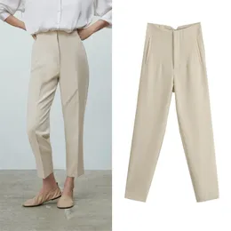 Za kvinnor byxor passar högt midja byxa våren mode kontor lady beige elegant casual pants pantalon pour femme 210925