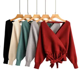 Kvinnors tröjor Kvinnor Batwing Sleeve Höst Vinter Sexig V-Neck Top Fashion Solid Färg Knitwear Jumper För Kvinnlig Dam Casual