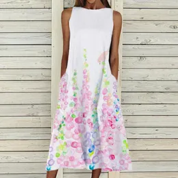 Casual Dresses Floral Printing Dress Women Beach Holiday Round Neck Big Swing Pocket Women's Sundress Vestiti Donna Estate