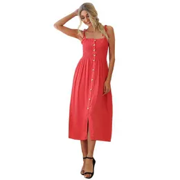 Spaghetti Strap Slash Neck Single Breasted Folds High Waist Solid Color Dress Women Casual Mid Calf Length Streetwear Dresses 210608