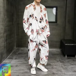 Dresy męskie M-5XL Kimono szaty lato wiosna z długim rękawem Koszule + spodnie kostki 2 sztuki zestawy tradycyjne japońskie streetwear męska odzież