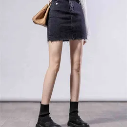 Kvinnor Sommar Svart Blå Solid Casual High Waist Pencil Denim Kjolar High Street Fickor Knapp All-matchade Jeans Skirt 210608