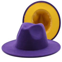 Unisex Purple Yellow PatchworkウールFedora Hats男性女性ワイドブリムパナマパーティーTrilby Cap Fashion Jazz Cap