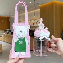 A mais recente caneca de café de vidro de palha Starbucks de 20,3 OZ com tampa, copo de água estilo pedreiro rosa cereja, embalagem de caixa separada, logotipo personalizado de suporte