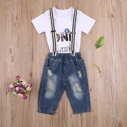 Clothing Sets 0-24M Baby Boys 2 PCs Outfits Cartoon Letter Printed Bow Tie Romper + Denim Ripped Suspender Gentleman Pants For Birthday