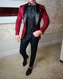 Slim Fits Burgundy Paisley Wedding Groom Tuxedos Shawl Lapel Men Business Suits Prom Blazer Coat (Jacket+Pants+Vest+Tie) NO:2159