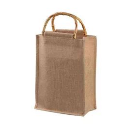 NXY Shopping Bags L74F Portable Burlap Jute Bag Handbag Bamboo Loop Handles Reusable Tote Grocery 220128