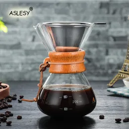 400Ml 600Ml 800Ml Resistant Glass Coffee Kettle Stainless Steel Filter Drip Brewing Hot Brewer Coffee Pot Dripper Barista Pour 210309