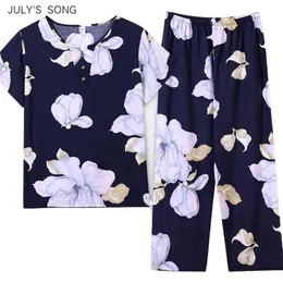 JULY'S SONG Casual Plus Size Women Pajamas Set Summer Spring Floral Printed Nightwear Homewear Vintage Loose Pyjamas Female 210809