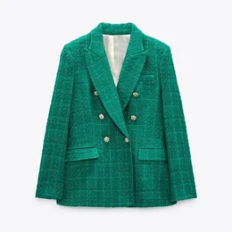 最高品質2022女性のジャケット秋のファッションダブルブレストツイードチェックブレザーコートビンテージ長袖ポケット女性の上着シックXS-L