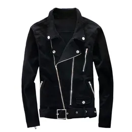 ABOORUN Biker Denim Jacket Men Multi Zipper Belt Jeans Jacket Punk Slim fit Streetwear Outwear Male R2457 p0804