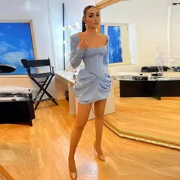 Long Sleeves Short Homecoming Dresses sky blue Sweetheart Satin Graduation Formal prom Party Gowns Plus Size Cocktail Dress M44