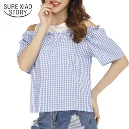 Blusas de Gasa Mujer Damesブラウスゾマミシエチエet Blouses Femmeホワイトシャツ女性のハーフフリルズ格子縞Oネックブラウス4239 50 210528