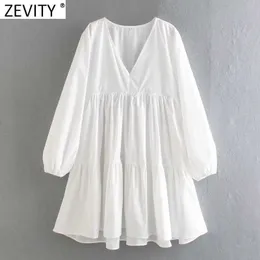 Zevity Kvinnor Söt V Nacke Solid Färg Poplin Casual Straight Dress Chic Femme Lantern Sleeve Plats Vestido Beach Cloth DS4961 210603