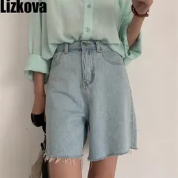 Lizkova韓国のハイウエストワイドレッグデニムショーツ女性夏の青いVinatge Jeans Feminino Tassel Pantalones Cortos 210724