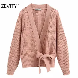 ZEVITY women fashion cross v neck solid color casual knitting cardigan coat female bow tied kimono coats chic tops CT581 210603