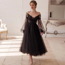 Vintage Black Tea Length Prom Dresses A Line Illusion V-Neck Tulle Short Special Occasion Gowns Vestidos De Festa Appliques Lace Long Sleeves Engagement Dress