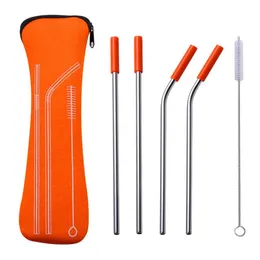 Straw Set Stainless Steel Reusable Stainless Steel Straw Outdoor Metal Straws Set Bent Straws With Brush Set Drinking Silicone Cover EEC2764