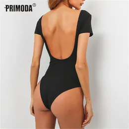 Frühling Sommer Backless Bodysuits Sexy Skinny Frauen Strampler Solide Kurzarm Tops Overalls Party Baumwolle Body Suit PR037 210303