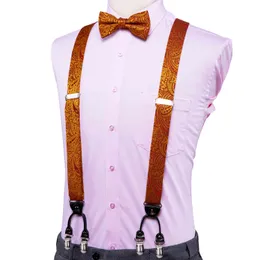 Hi-Tie Designer Luxury Wedding Suspender and Bow Tie Set for Men Adult Vintage Fashion Brown Gold Paisley Braces Metal 6 Clips
