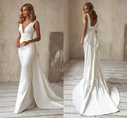 Mermaid Dresses Elegant With Detachable Train Bow White Ivory Boho Beach Wedding Bridal Gown V Neck Abito Da Sposa