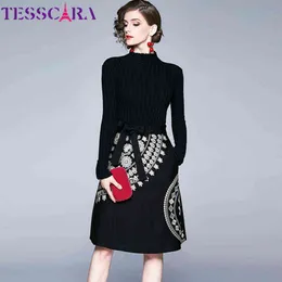 Tesscara 여성 가을 ​​겨울 우아한 스웨터 드레스 여성 사무실 파티 가운 고품질 럭셔리 자수 디자이너 Vestidos G1214