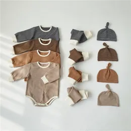 Autumn Winter 3pcs/set Long Sleeve Romper+Striped Pants+Hat For New Born Baby Boy Girls Clothes Cotton Infant Jumpsuits Set 210309