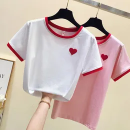 レディースTシャツTeeシャツフェムメピンクレディーストップスホワイトT女性2021夏半袖女性服カジュアル刺繍Tシャツ