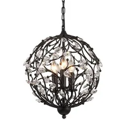 American retro crystal chandelier ball 3 flower branch black iron modern simple northern European lighting E14 bulb