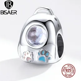 BISAER Katze Rucksack Perlen 925 Sterling Silber Pfote Fußabdruck Haustier Tasche Emaille Charms Anhänger Fit Armband Halskette Schmuck EFC294 Q0531