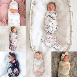 Filtar swaddling 2 st född blommig swaddle wrap + huvudband set baby bomull mottagande filt sova väska hårband spädbarn pojkar tjejer