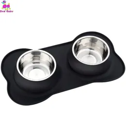 Ciotole per cani in acciaio inox, mangiatoia per acqua e cibo, con tappetino in silicone antiscivolo e antiscivolo per animali domestici, cuccioli, cani di taglia piccola e media Y200922