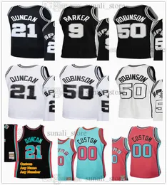 Benutzerdefinierte Retro Basketball Sean Elliott 32 Trikots Tony Parker 9 David Robinson 50 Tim Duncan 21 Schwarz Weiß