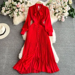 Casual Dresses 2022 Autumn Korean Chic Bow Tie Pleated Dress Elegant Temperament Single Breasted Long For Work Fashion Women Robe M1272