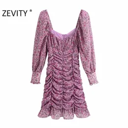 ZEVITY Neue Frauen Mode Quadrat Kragen Blumendruck Plissee Minikleid Dame Puffärmel Casual Slim Vestidos Chic Kleider DS4526 210306