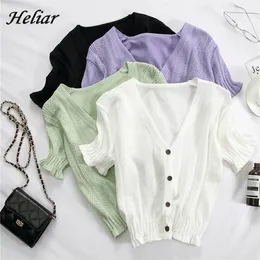 HELIAR T-shirt da donna con scollo a V abbottonatura T-shirt manica corta casual T-shirt lavorate a maglia Cadigans Crop Top per donna 2021 Summer Tee 210310