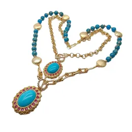 YYGEM CZ Pave Blue Sea Sesiment Jasper Turquoiseペンダントチェーンステートメントネックレスイヤリングセット18 "