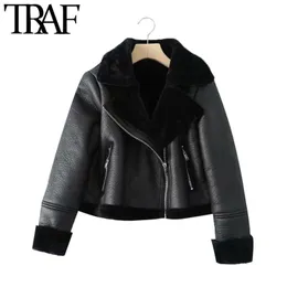 TRAF женская мода густой теплый зимний меховой меховой из искусственной кожи урожая куртка с длинным рукавом женская верхняя одежда Chic Tops 211029