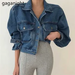 Gaganight Wiosna Jeansowa Kurtka Kobiety Lapel Puff Długi Rękaw Krótki Outwear Vintage Casual Caan Kurtki Płaszcz Kobieta 211014