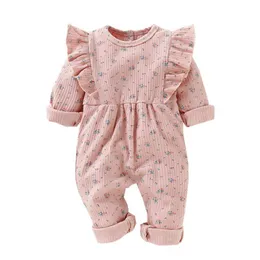 Nyfödda tjejer baby rompers ruffled design onesies kläder blommig allover långärmad toddler romer spädbarn bodysuit boutique hoppar 111 y2