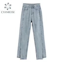 Jeans a vita alta per le donne Pantaloni lunghi in denim vintage Pantaloni femminili a tinta unita in stile coreano tutto-fiammifero 211129