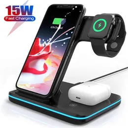 3 In 1 Qi Wireless Charger Stand for Apple Watch 6 5 4 Airpods Pro 15W Fast Charging Dock Station For iPhone 12 11 Pro Samsung S10 Phones