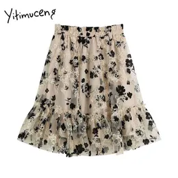 Yitimuceng Floral Print Skirt Donne Muskin Splific Midi Vita alta A-Line Abbigliamento Summer Coreano Moda Tutu Gront 210601