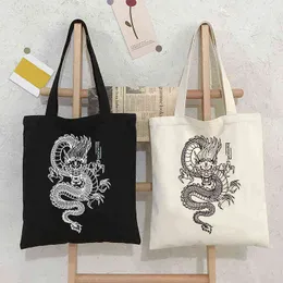 Dragon Printing Canvas Bag Shopper Harajuku Stor kapacitet Punk Gothic Style Women's Classic Vintage Shoulder Handväska