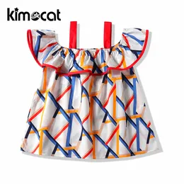 Kimocat baby flicka kläder sommar knapp strapless klänning suspender blomma klänning barn klänningar tjejer ärmlös barnkläder Q0716