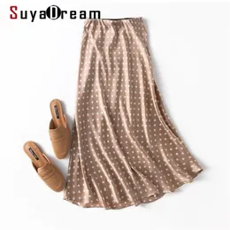 Suyadream 100％シルクサテンマーメイドスカート女性春夏のドット長袖エレガントなシック210621