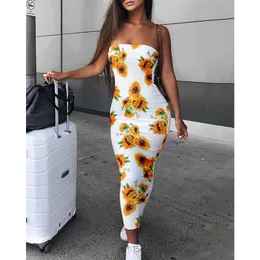 Spring and summer new off-the-shoulder sexy ladies dress fashion women's sunflower print long tight dress casual wild sleeveless 210309