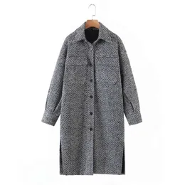 Merodi Kvinnor Vinter Mode Woolen Grey Za Coats Kvinna Snygg Singel Breasettd Tjocka Outwear Ladies Pockes Long Jackets Ovesize 210928