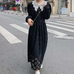 Yitimuceng Maxi Dresses for Women Lace Hook Flower Fashion Elastic Waist Vintage Dress Long Sleeve Black Sundress Spring 210601